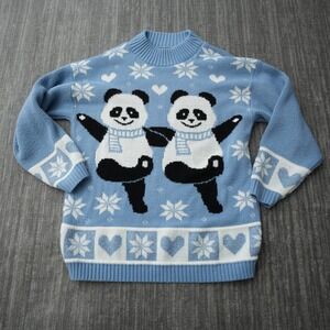 Private Eyes Sweater Women Vintage Blue White Made In USA Acrylic Crew Large